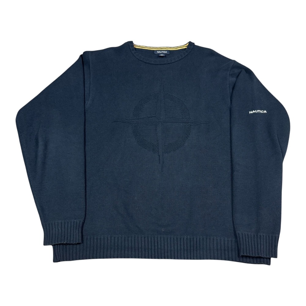 Nautica 100% Cotton Compass Spell Out Navy Blue Crewneck Sweater Men's Large